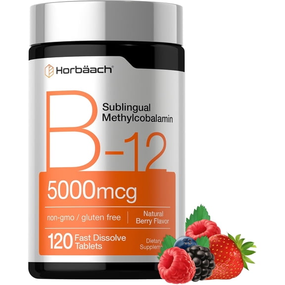 Methylcobalamin B12 Sublingual | 5000mcg | 120 Tablets | Berry Flavor | Non-GMO, Gluten Free | by Horbaach