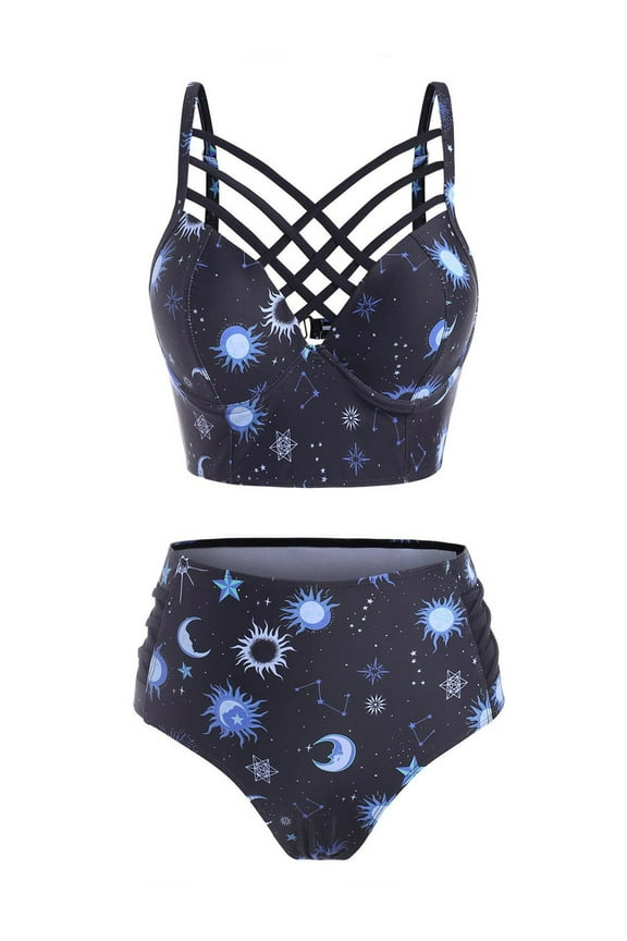 Women Sun Star Moon Bathing Suit Underwire Criss Cross High Waisted Bottom Swimsuit Racerback Vintage Two-Piece Bikini Swimwear