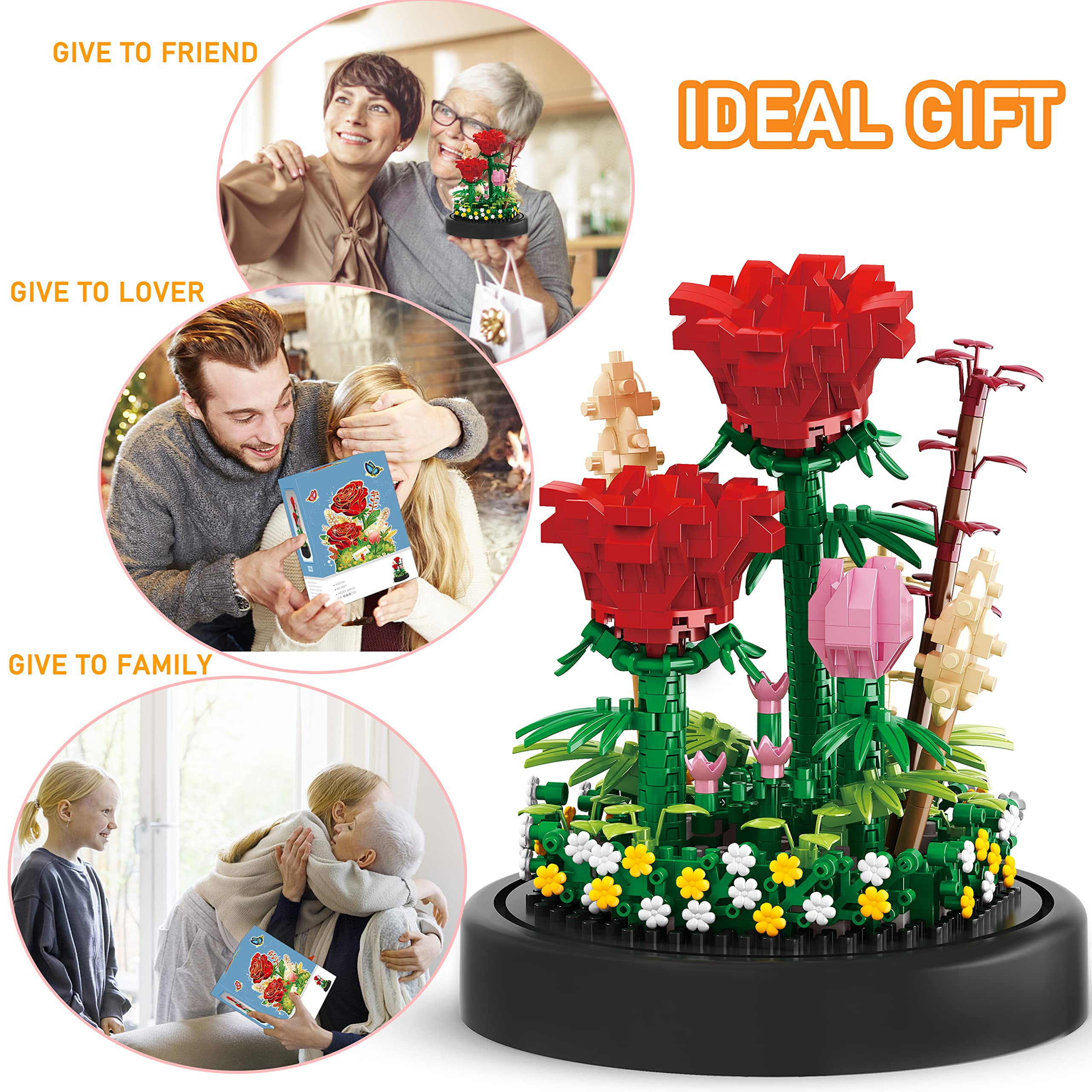 593 PCS Flower Rose Bouquet Building Kit DIY Flowers Toys Gift Bonsai Tree  Sets with Cover Botanical Collection Building Blocks Bricks Mother's Day  Gift 