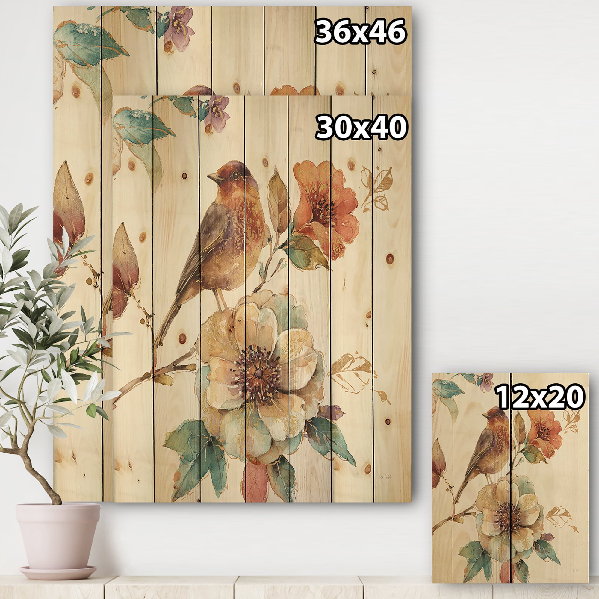 Designart 'Farmhouse Bird Sitting on Flower Branch' Traditional Print on Natural Pine Wood