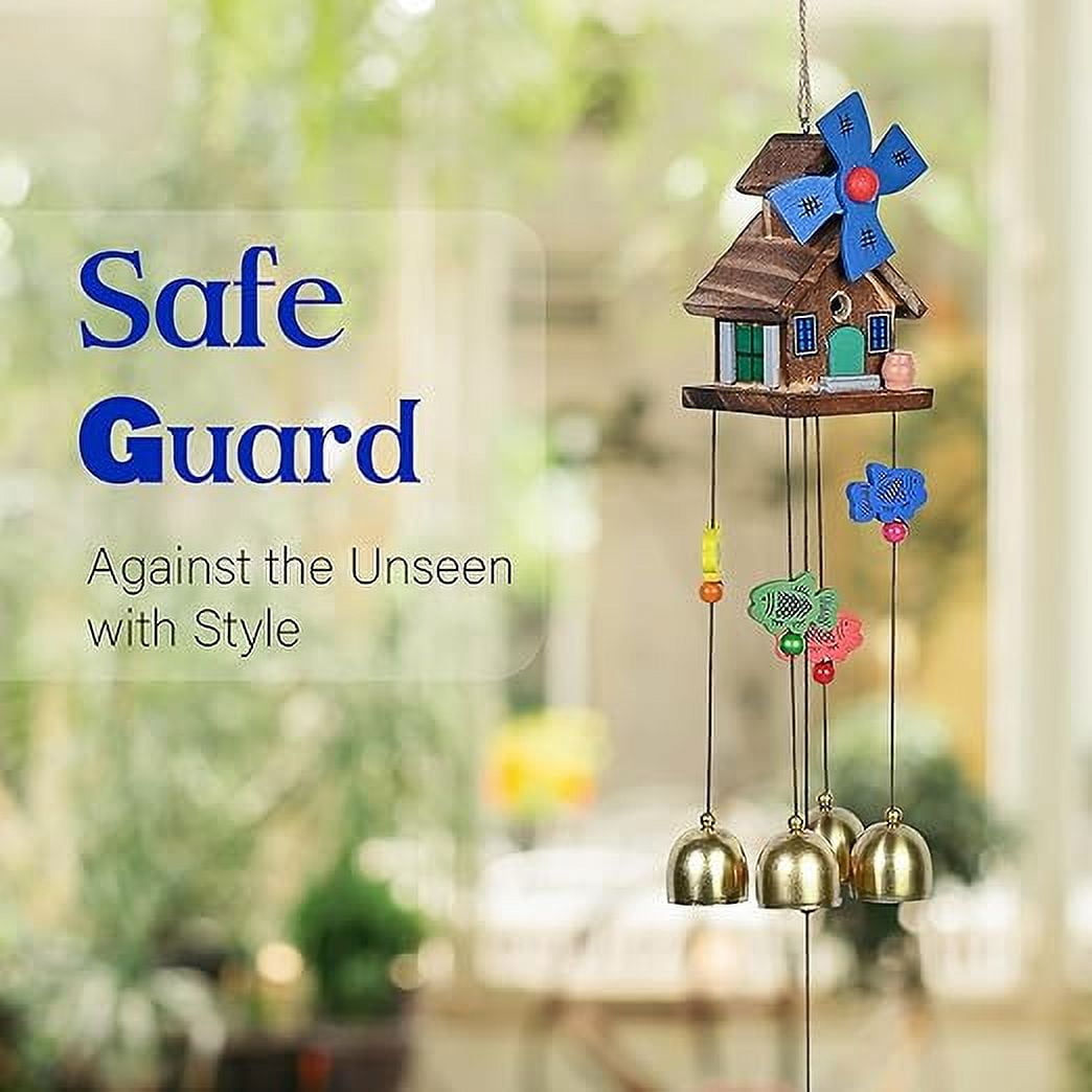 Wooden House Wind Chimes for Home Décor | 5 Brass Bells Wind Chimes for Positive Energy | Outdoor Window Balcony Garden Decoration Hanging Decorative Items