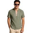 thumbnail image 2 of Men's Linen Shirts Short Sleeve Stand Collar Lace Up T Shirts Casual Lightweight Breathable Relaxed Fit Summer Tees, L, 2 of 7