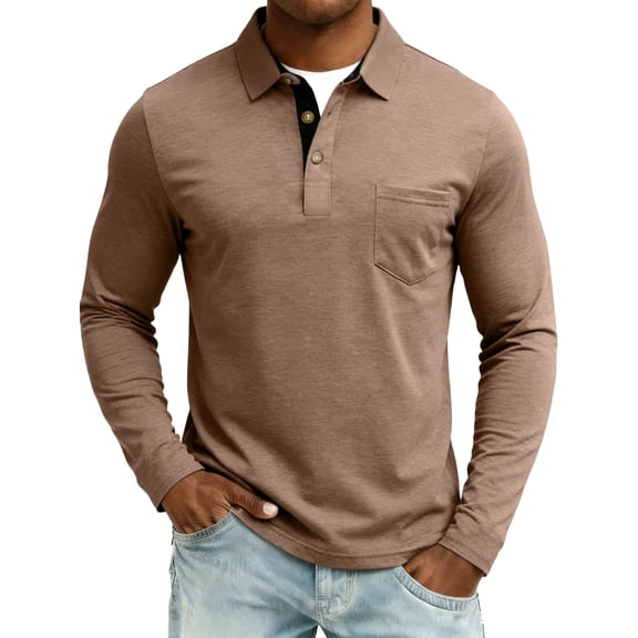 Men's Casual Polo Shirts with Pocket Basic Long Sleeve Business Work Collared Shirts Spring Summer Tees Top Shirt Khaki XL