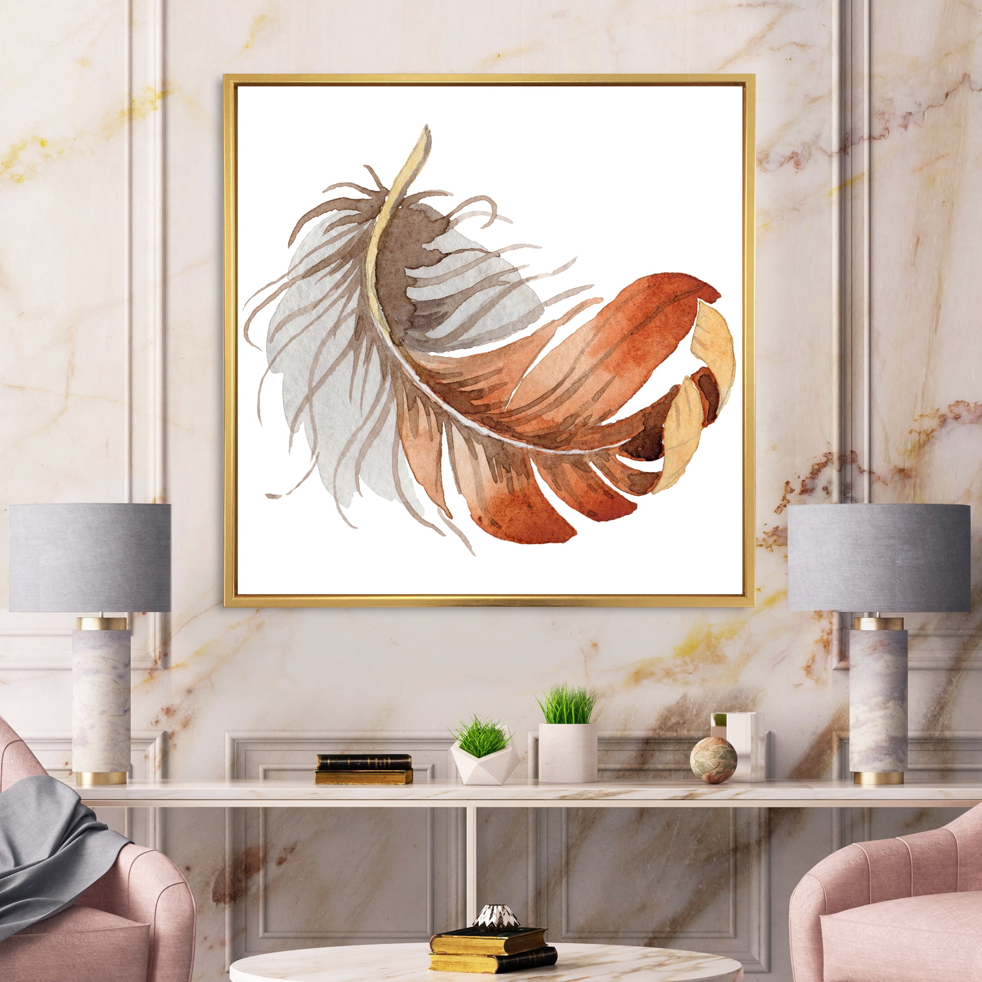 Designart 'Orange Ethnic Bird Feather On White' Bohemian & Eclectic Framed Canvas Wall Art Print