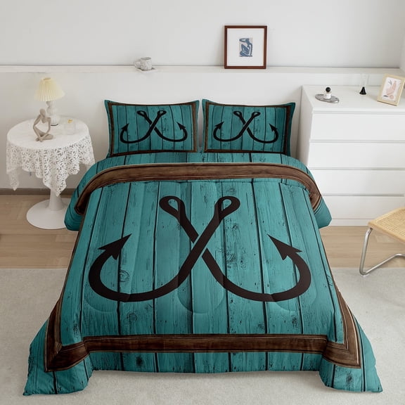 Erosebridal Rustic Fish Hook Bedding Full Comforter Set, Fishing and Hunting Down Comforter, Lodge Cabin Decor, 3pcs