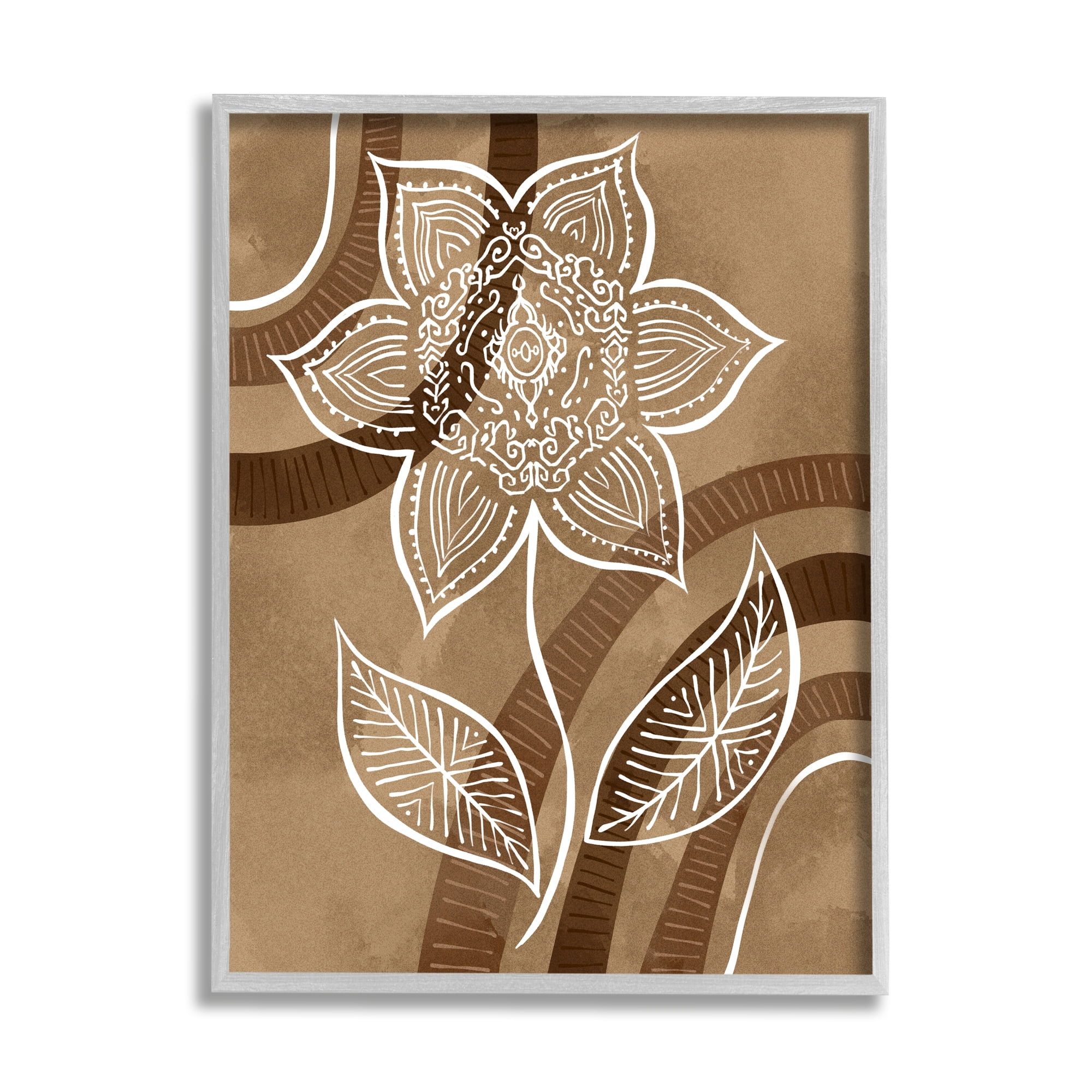 White Fractal Mandala Flower Blossom Brown Stripes Botanical & Floral Graphic Art Framed Art Print Wall Art