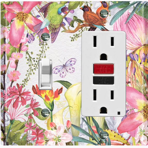 Metal Light Switch Plate Cover Tropical Floral Butterfly Garden Sketch FLW117