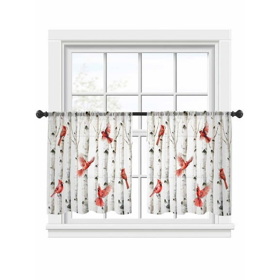 Red Birds Rustic Sheer Curtains 54 Inch Length 2 Panels Set, Semi Transparent Voile Rod Pocket Curtains for Living Dining Room Bedroom Drapes Vintage Country Forest Tree Bird