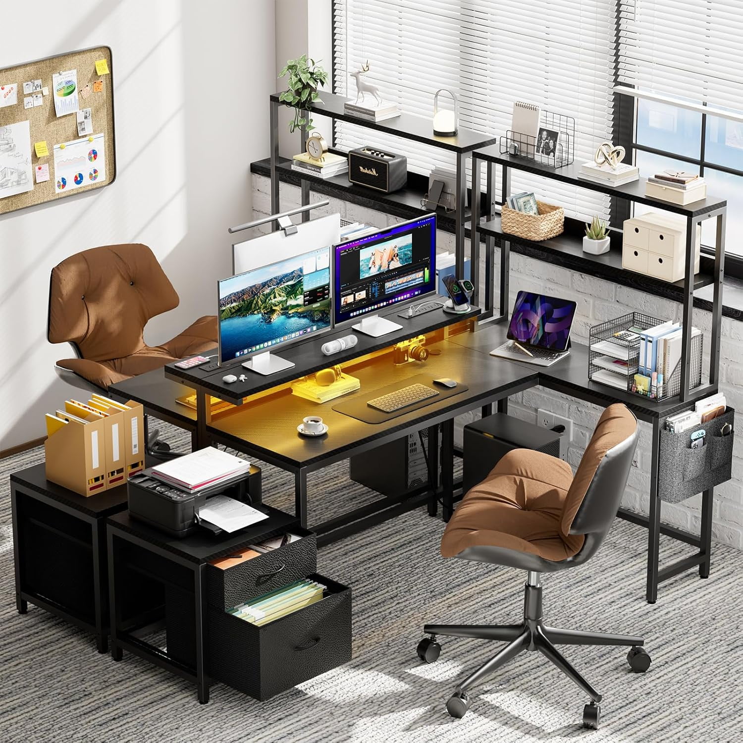 REAHOME 70 Inch L Shaped Desk with File Drawers and Reversible Storage Shelves, Computer Desk with Power Outlet & LED Strip, Home Office Desks, Writing Study Desk for Bedroom, Carbon Fiber Black