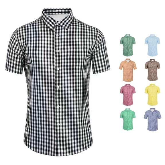 XIAOCHA Gingham Plaid Button Shirt for Men Turn Down Collar Short Sleeve Daily Commute Casual Blouse