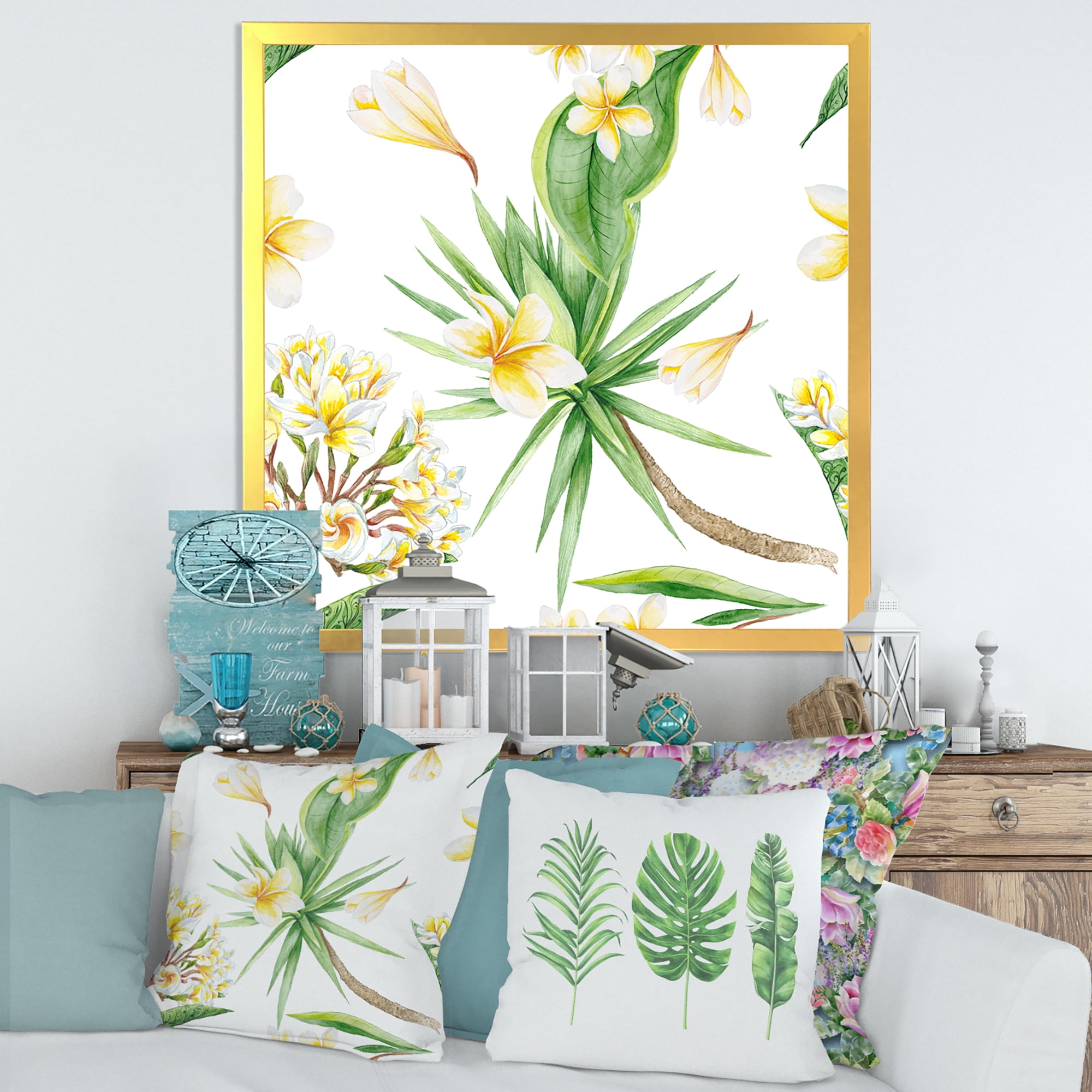 Designart 'Yellow Flowers and Tropical Foliage V' Modern Framed Art Print