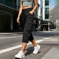 thumbnail image 4 of Womens Straight Leg Capri Cargo Pants High Waisted Button Closure Cropped Trousers with Pockets Casual Work Hiking Pants Black, 4 of 7
