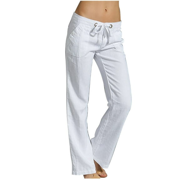 ylioge Ladies Wide Leg Vacation Pants Pockets Winter Relaxed Fit Trousers Linen Full Length Lounge Low Waist Solid Color Pants Pantalones