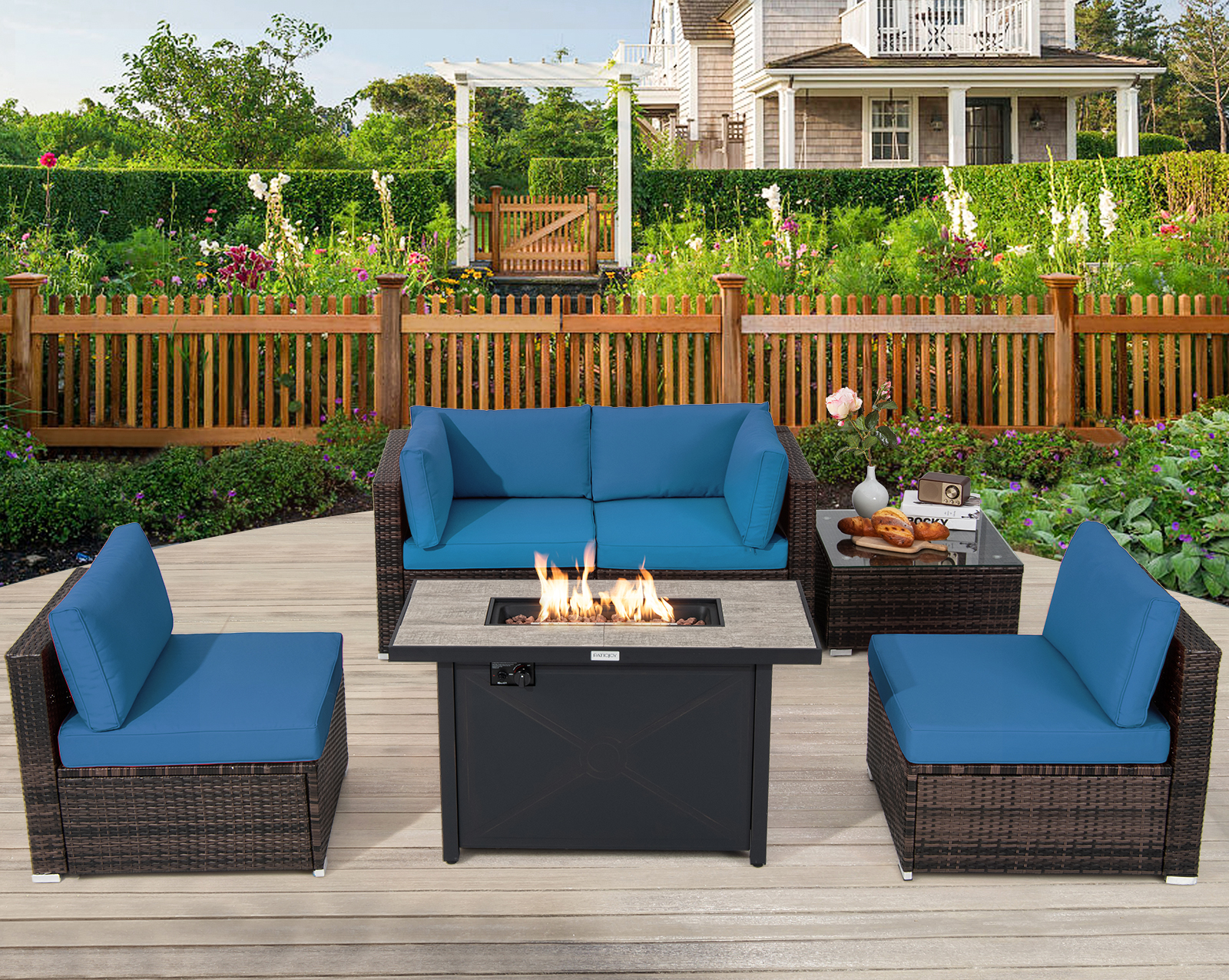 Costway 6PCS Patio Furniture Set Rattan Cushioned Sofa Gas Fire Pit Table Navy