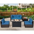 thumbnail image 3 of Patiojoy 6 Pieces Outdoor PE Rattan Wicker Sectional Sofa with 42" 60,000 BTU Gas Fire Pit Table, Patio Conversation Set with Tempered Glass Coffee Table Navy Blue, 3 of 10