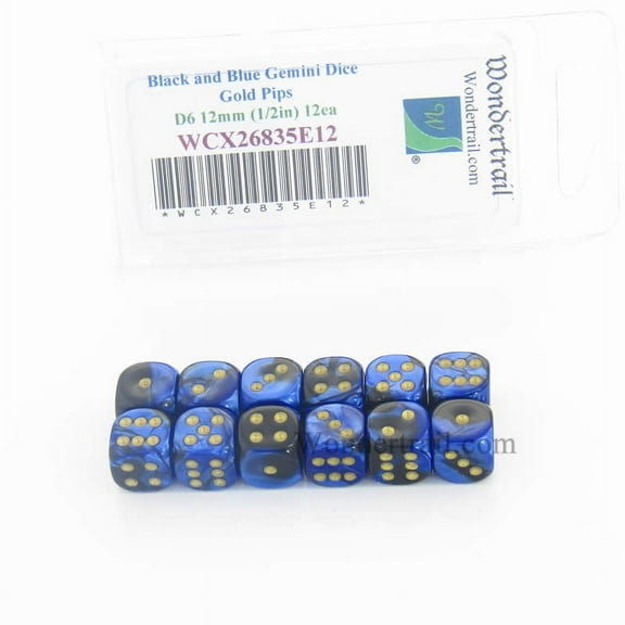 Black and Blue Gemini Dice with Gold Pips D6 12mm (1/2in) Pack of 12 Wondertrail