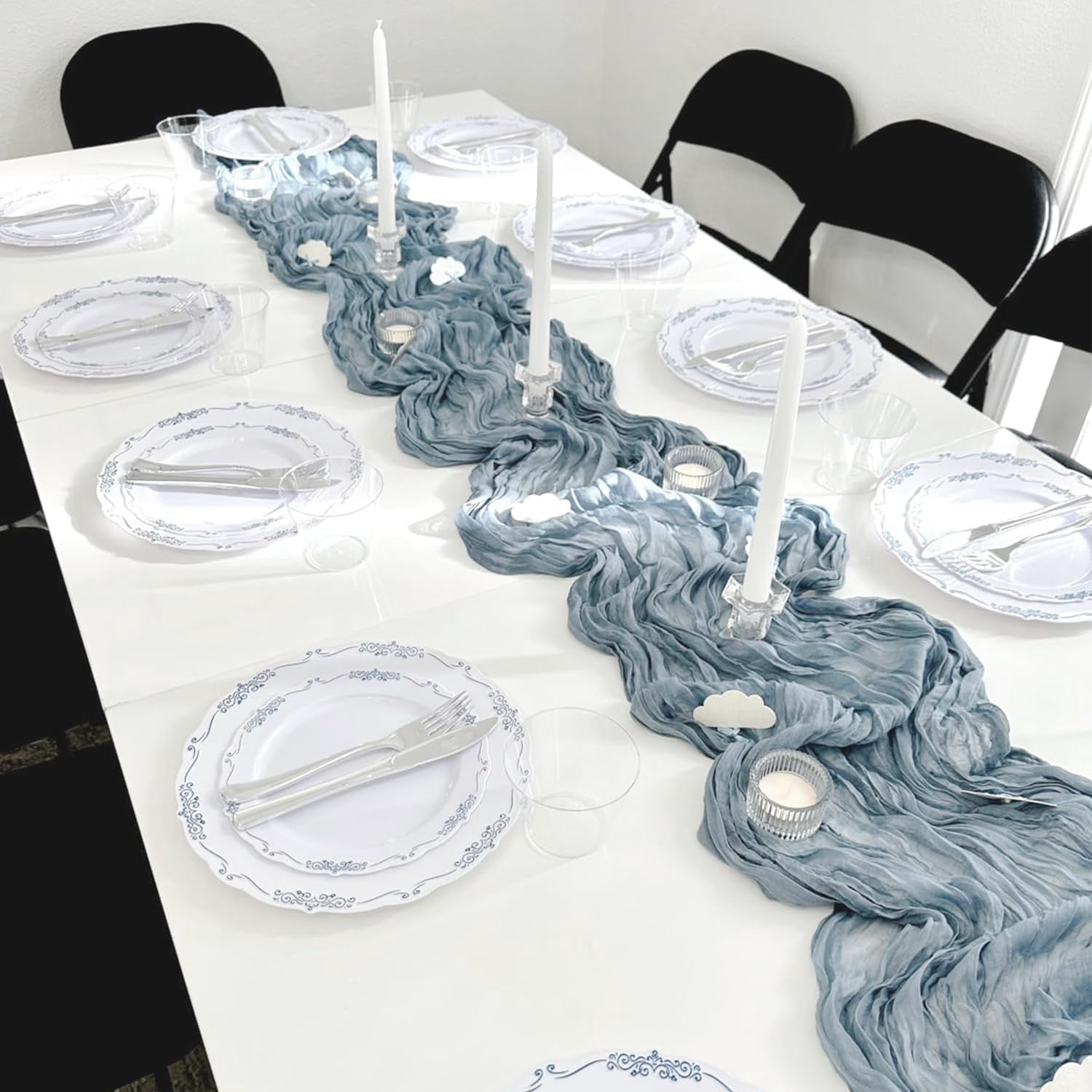HBlife 10 Pack Dusty Blue Cheesecloth Table Runner, 35 x 120 Inch Boho Gauze Table Runner Rustic Romantic Long Table Runner for Wedding Party Bridal Birthday Baby Shower Table Decorations