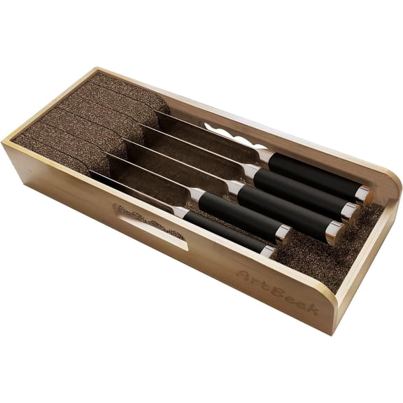 ArtBeek Universal Knife Holder Organizer Kit Bamboo Knife Block 15” Knife Drawer Organizer with Flexible Dividers 5 Slots