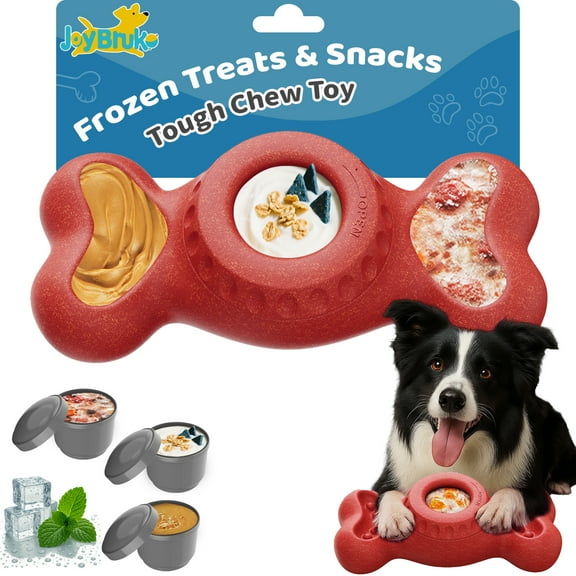 JoyBruko Enrichment Dog Treat Toys - Frozen Dog Treat Dispensing Chew Toy for Aggressive Chewers to Keep Them Busy, Ice Cream Holder Freeze Bone with Mold Cups, Fillable Cognitive Licking Toy, Red