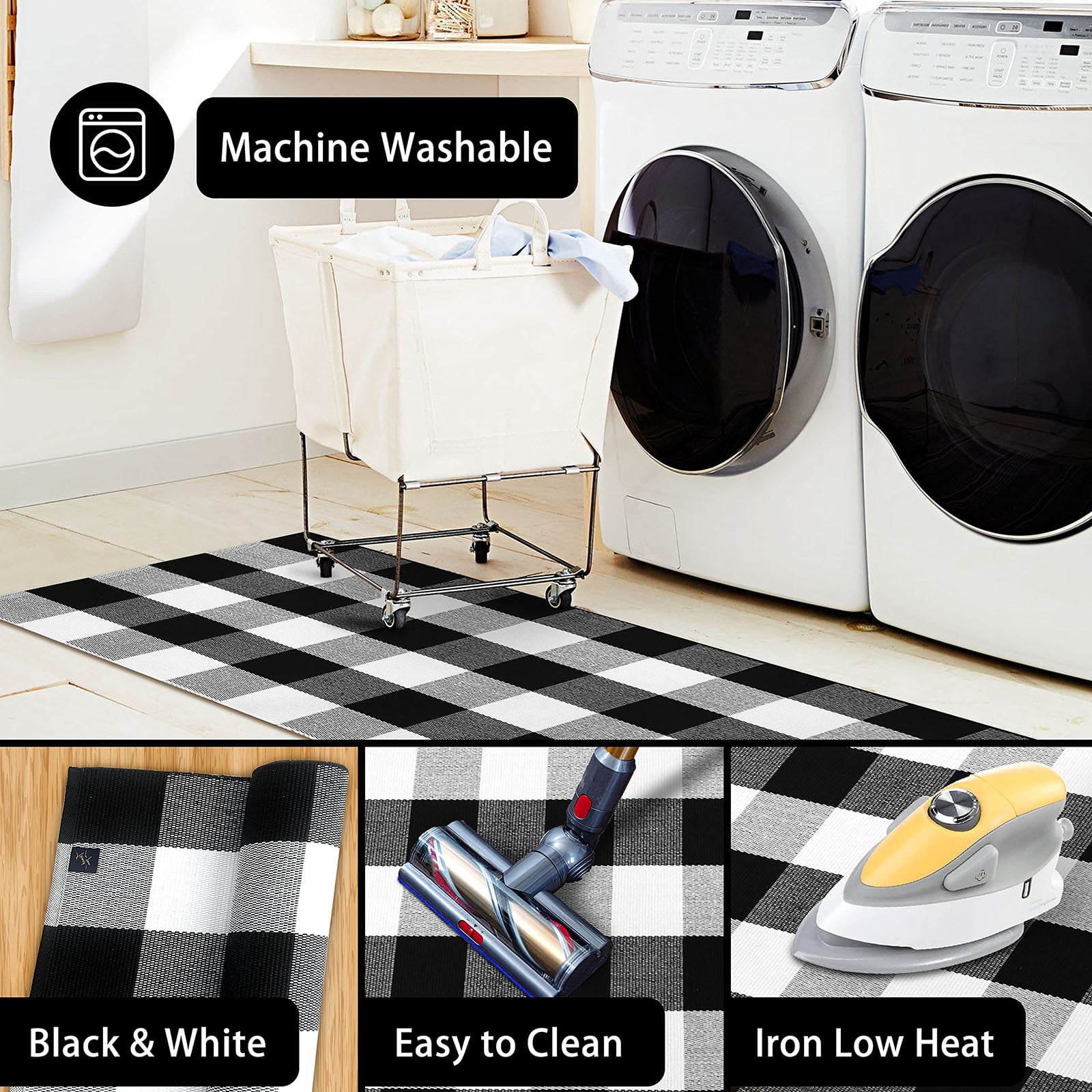 iOhouze Outdoor Rugs Buffalo Plaid Black and White 3'x5' Area Rug, Cotton Woven Washable Indoor Outdoor Rug Farmhouse/Living Room/Bedroom/Kitchen Rug Retro Lattice Checkered Rug