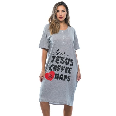 

Just Love Short Sleeve Nightgown Oversized Screen Print Sleep Dress for Women (Grey - Jesus Coffee Naps Medium)