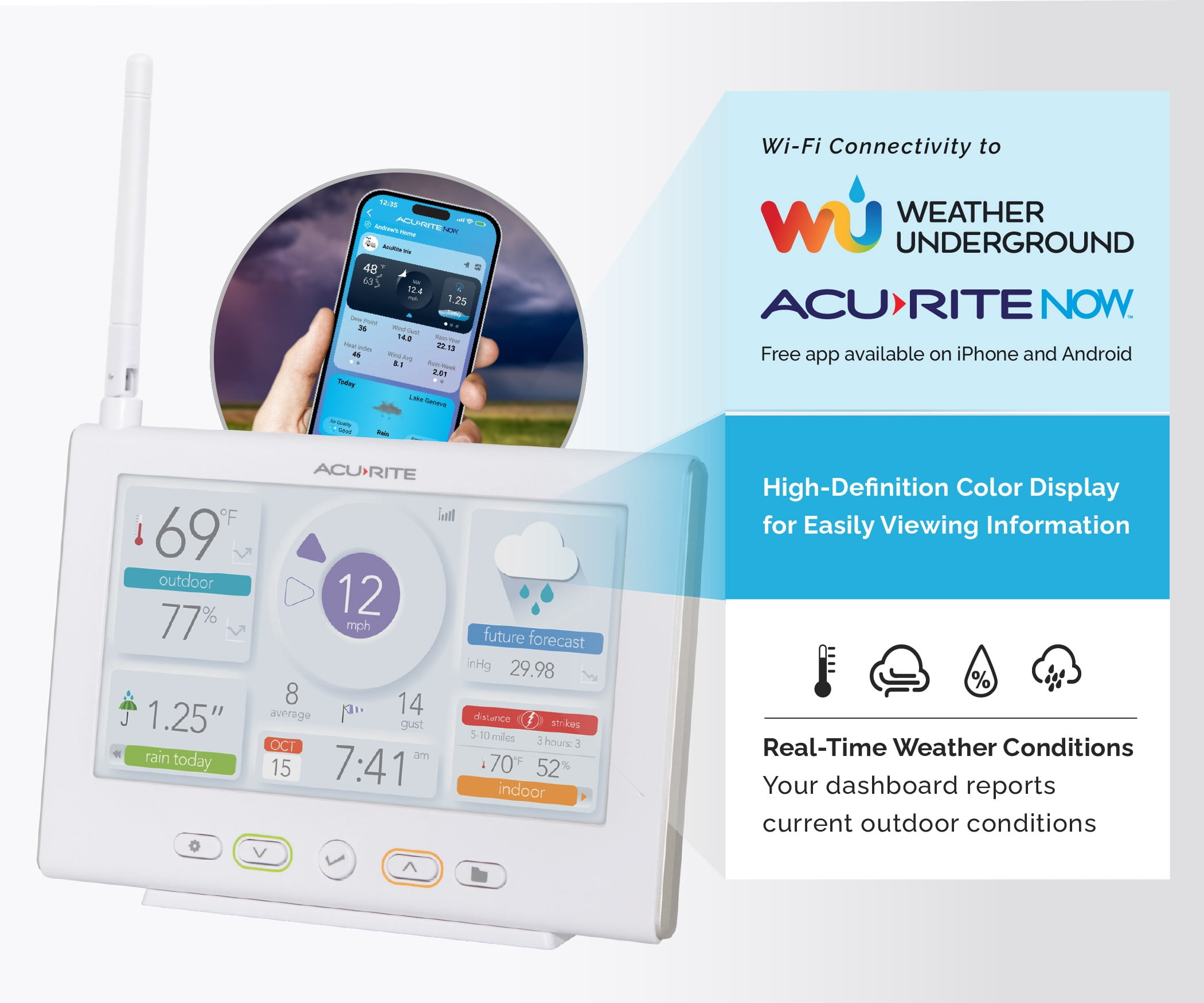 AcuRite Iris Wireless Weather Station with HD WiFi Display, Lightning Sensor, Indoor/Outdoor Temperature & Humidity, Wind, and Rain Gauge (01532M)
