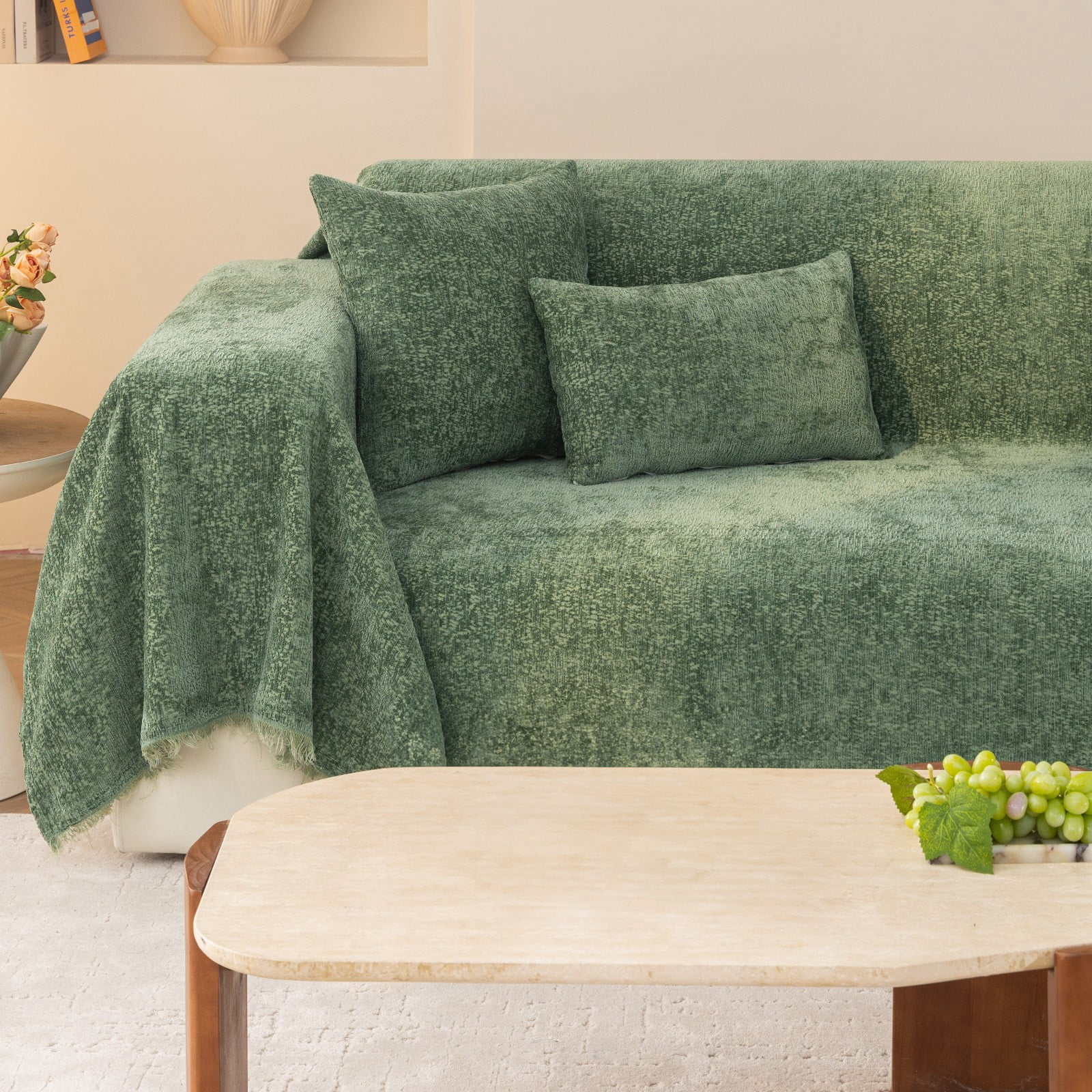 ANMINY Ultra Soft Chenille Couch Cover with Tassels, Machine Washable Multi - Use Sofa Blanket Cover
