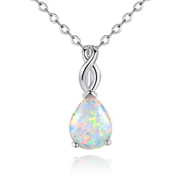 Womens 18K White Gold Plated 8*10mm Teardrop Fire Opal Birthstone Gemstone Pendant Necklace Mother's Day Gifts for Mom Grandmother