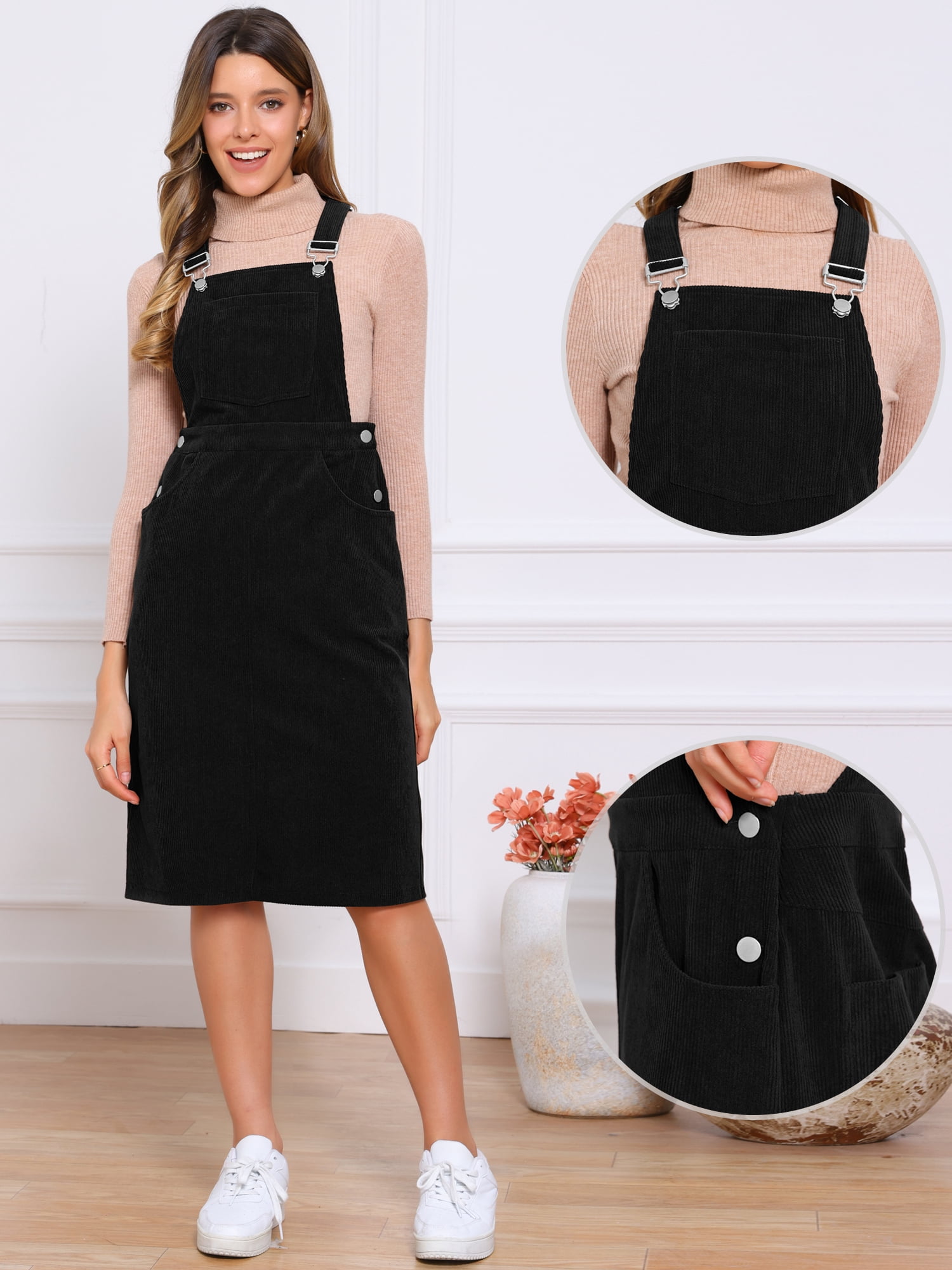 DARING DIVA Midi Pinafore Dress with Adjustable Straps and Pockets X-Large Black