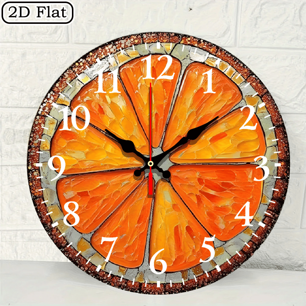 2D flat wooden wall clock, orange wall clock, silent clock, living room bedroom, room decoration, office, Christmas, New Year, Valentine's Day decoration 10 * 10 inches, easy to hang