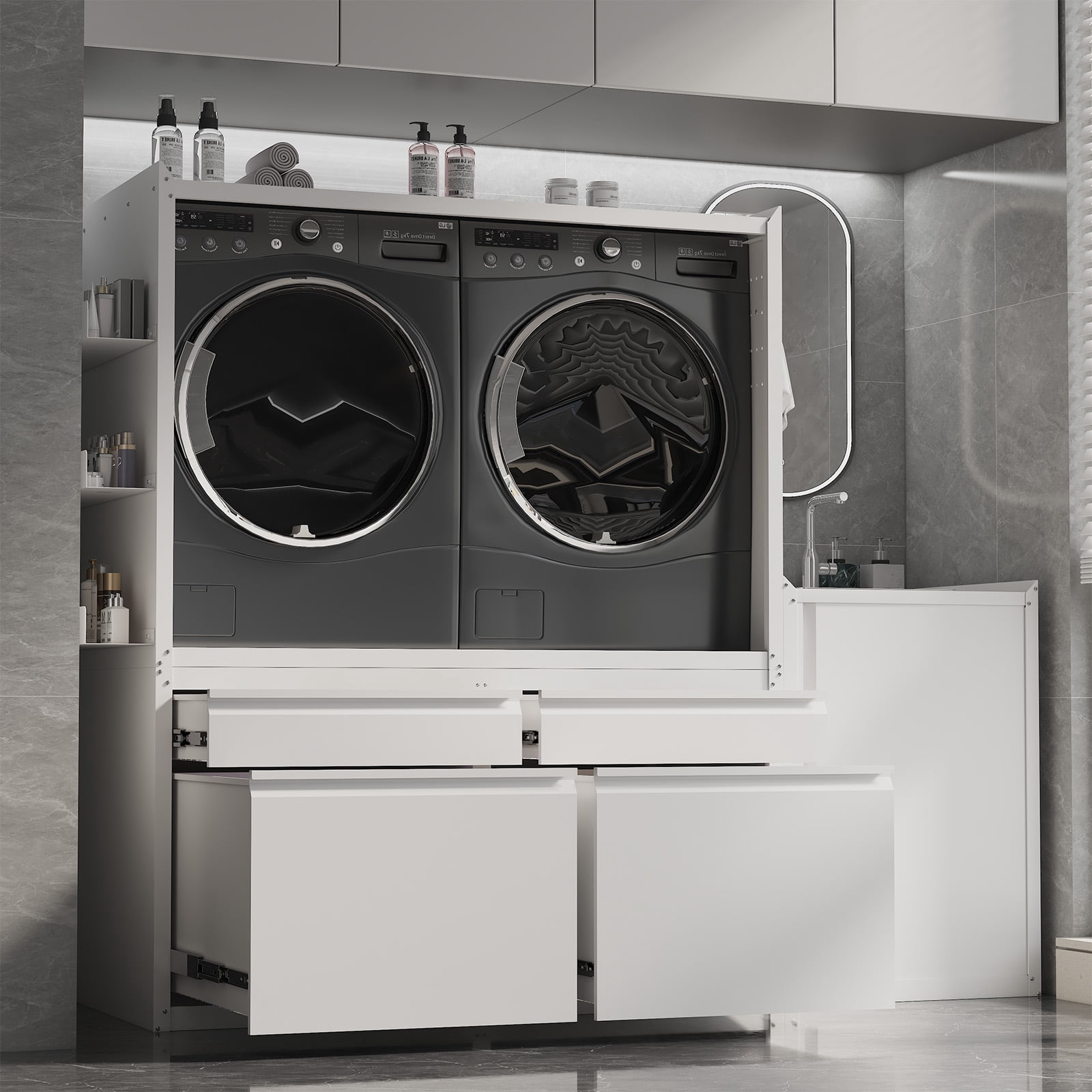 AECOJOY Laundry Pedestal with Sink Cabinet for 2 Washers and Dryers, 1300LBS Heavy Duty Universal Anti-Vibration Stand Base Raiser with Drawers, Hooks & Storage Cabinets,White
