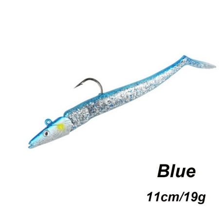 High Quaility Luminous Silicone 10g 19g 34g Fish Eel Lure Worm Barbed Hook Artificial Soft Bait Lead Jig Head BLUE - 19G