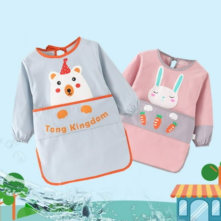 

MyBeauty Cute Rabbit Baby Summer Waterproof Long Sleeve Apron Feeding Bib Painting Smock *110 Mr. Cat Grey