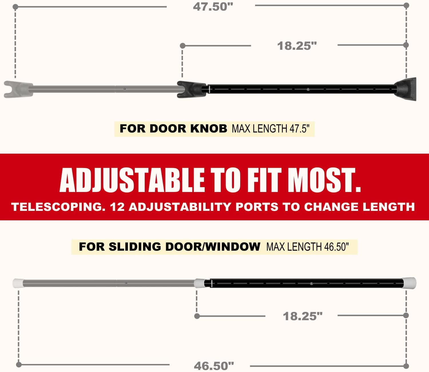 SecurityMan 2-in-1 Adjustable Door & Patio Bar, Heavy-Duty Iron Jammer for Hinged and Sliding Doors, Black
