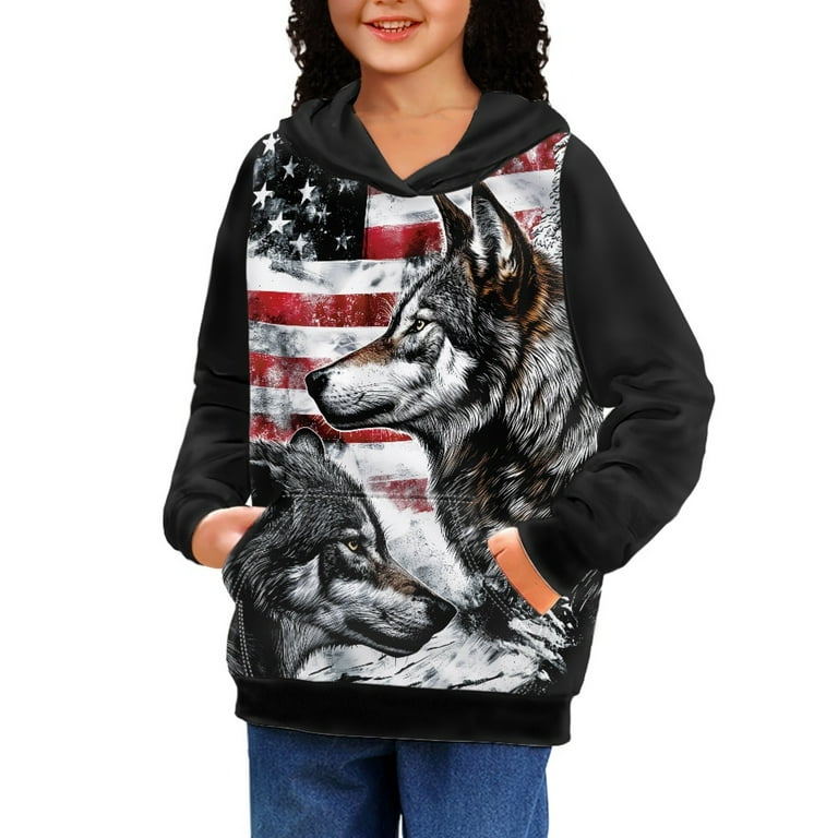 DISNIMO American Flag Wolf Hoodie for Boys Pullover Hoodies Size