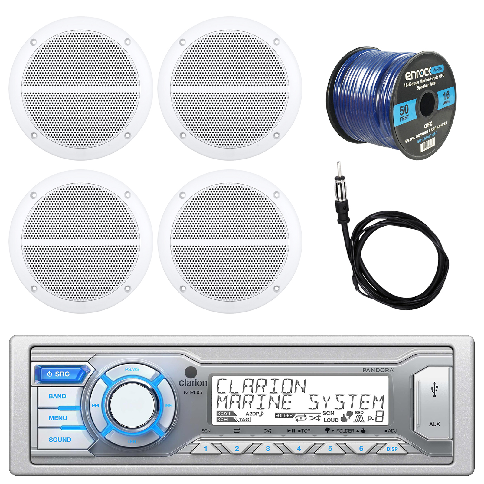 Clarion M205 Marine Stereo with Enrock Marine Dual 6.5 Inch Weather
