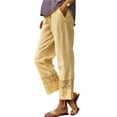thumbnail image 3 of Lumtrix Cropped Cotton Linen Pants Women Drawstring Straight Leg Lace Patchwork Summer Casual Beach Boho Pants Capris with Pockets Yellow XL, 3 of 5