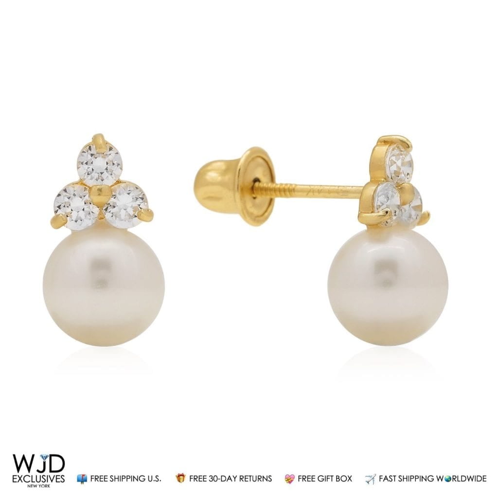 14K or Blanc 0.30 Ct Diamant & Cultured Freshwater Pearl Ball Stud Boucles d'oreilles 