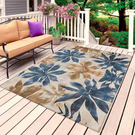 Navy Blue Brown Outdoor Rug 4x6 Ft, Non Slip Washable Area Rug, Tropical Botanical Palm Leaves Vintage Patio Rugs Carpet Runner, Large Floor Mat for Indoor/Outdoor Deck Porch Camping