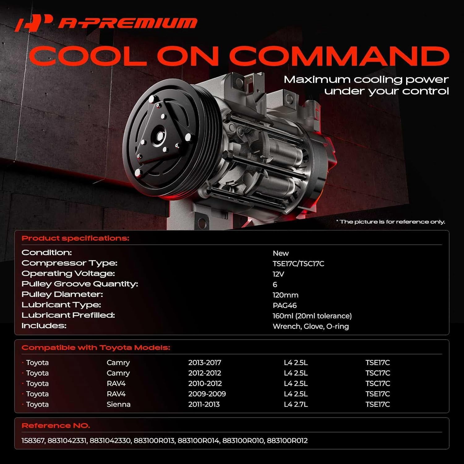 A-Premium AC Compressor with Clutch Compatible with Toyota Camry 2012-2017 RAV4 2009-2012 L4 2.5L