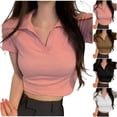 thumbnail image 2 of Fengactive Womens Cute Short Sleeve Shirts Collared V Neck Crop Tops Slim Fitted Basic Y2k Tees Casual Blouse, 2 of 4