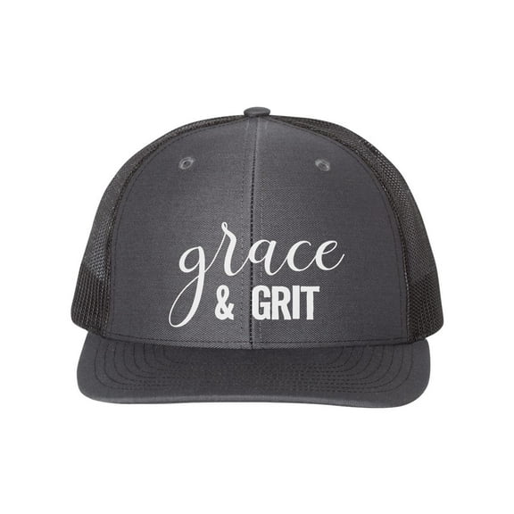 Grace And Grit, Grace Hat, Inspirational Hat, Snapback, Trucker Hat, Gift For Her, Mom Hat, Religious Cap, Headwear, Sayings, White Text, Charcoal/Black