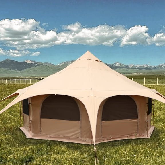 5M Cotton Canvas Bell Yurt Shelter with Stove Jack, 4-Season Glamping Tent for Year-Round Camping and Outdoor Living, Khaki