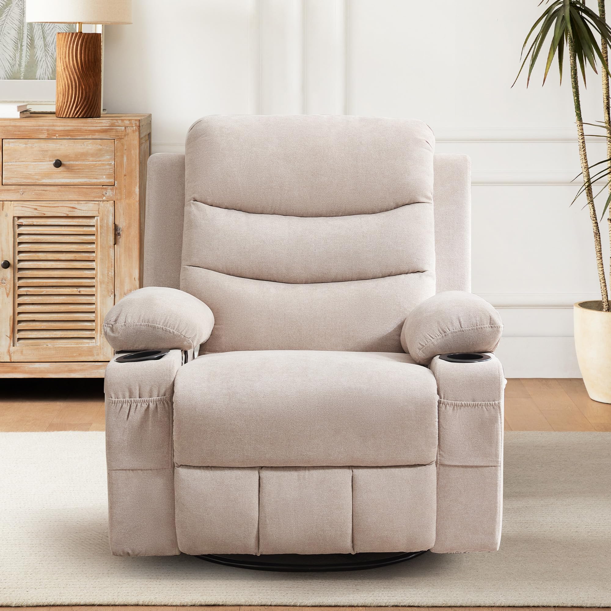 Recliner Chair Nursery, Oversized Manual Reclining Rocking Chair, 360 Swivel Glider with Cup Holder, Massage and Heat Recliner, Indoor Small Single Sofa Chairs for Adults RV Bedroom, Beige/Grey/Brown