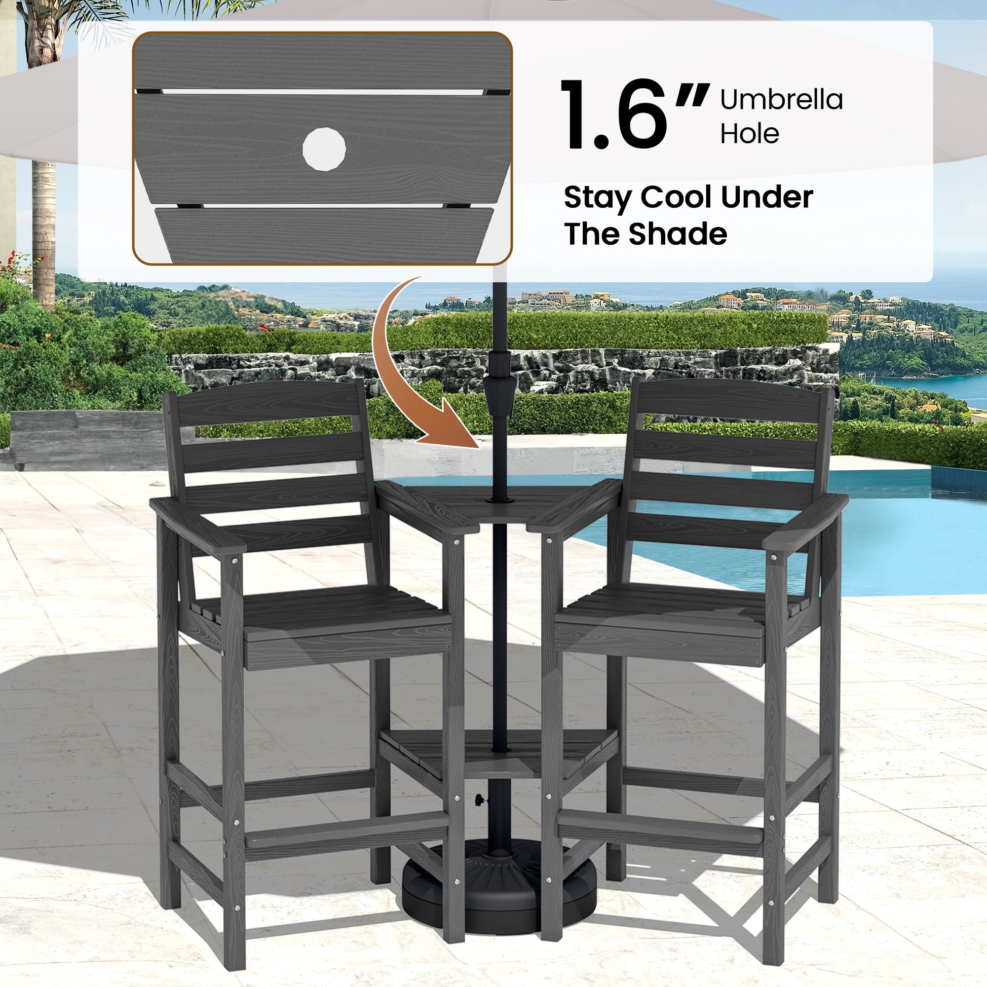 SERWALL Tall Adirondack Chairs Set of 2 with Connecting Table, HDPE Adirondack Outdoor Barstools, Grey
