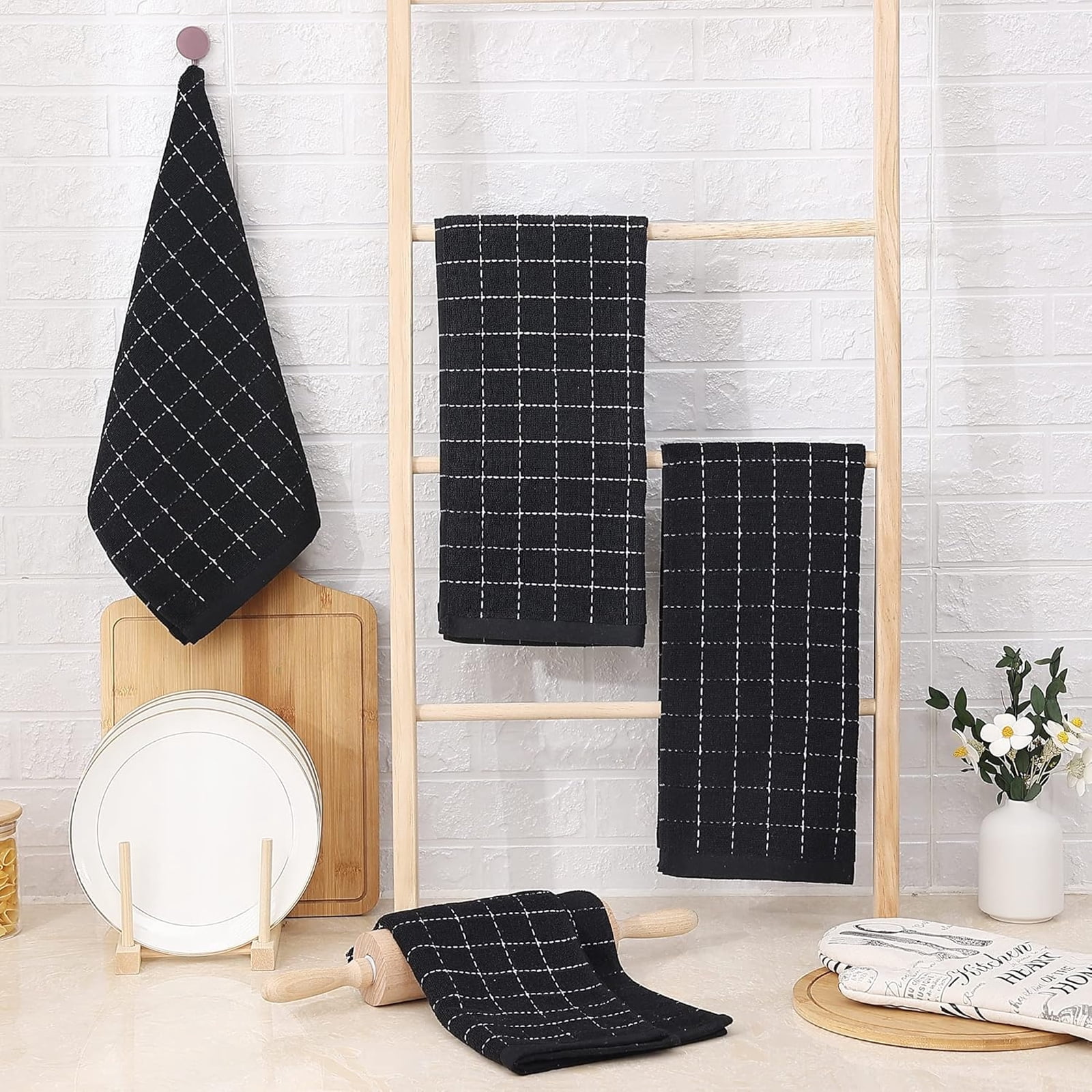 Cotton Terry Kitchen Towels(12*12inches), Checkered Designed, Soft and Super Absorbent Dish Towels, 4 Pack - Black