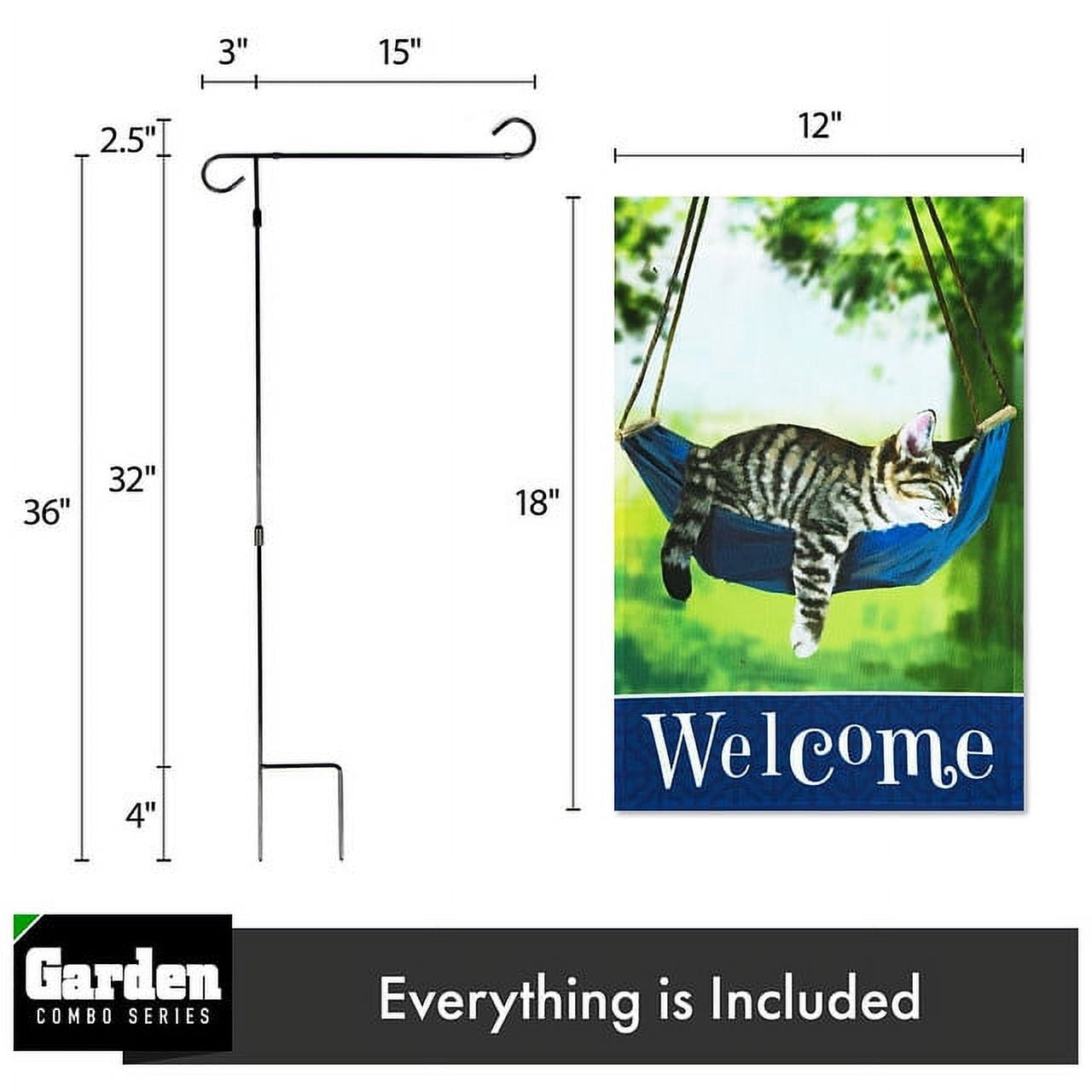 G128 Combo Pack: Garden Flag Stand Black 36x16IN & Garden Flag Welcome Sleeping Kitten 12x18IN