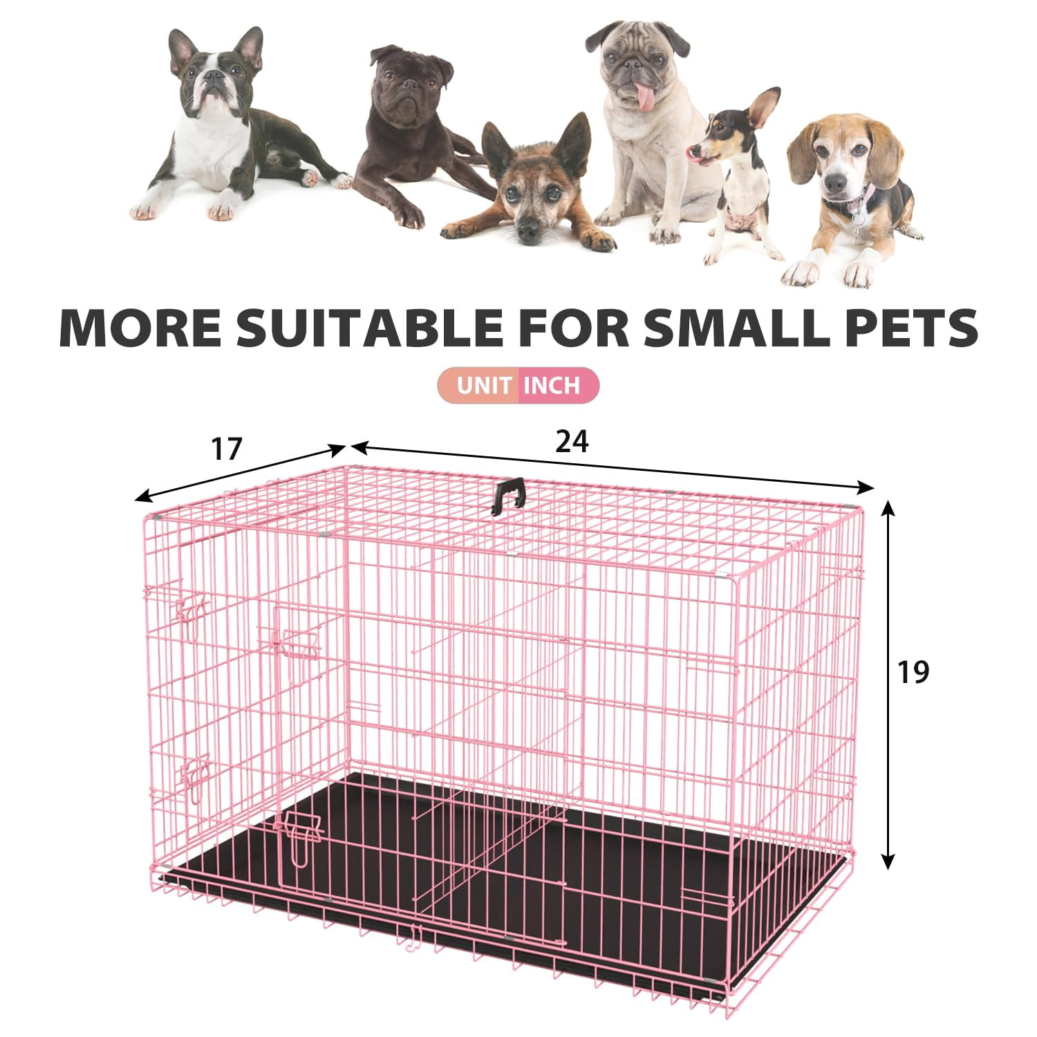 XF XINFENG 24 Inch Dog Crates for small dogs Folding Metal Kennel with Double Doors Leakproof Tray Portable Dog Cage for Travel, Indoor & Outdoor Use Pink