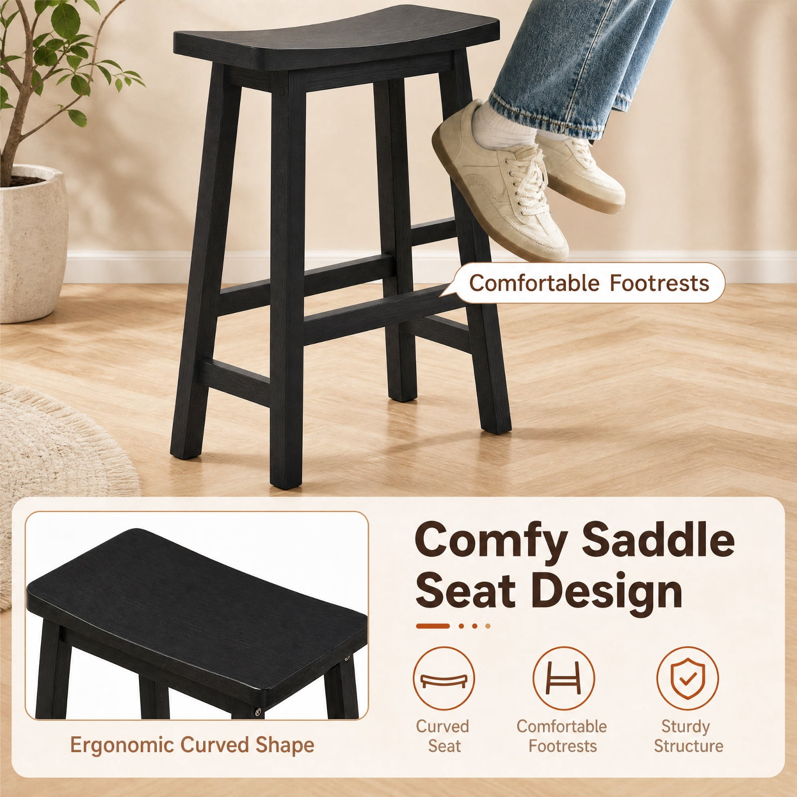 Furnibear Set of 2 Saddle-Seat Counter Height Stools with Curved Seat and Footrests for Kitchen Island Counter Bar Pub Dining Home, Black