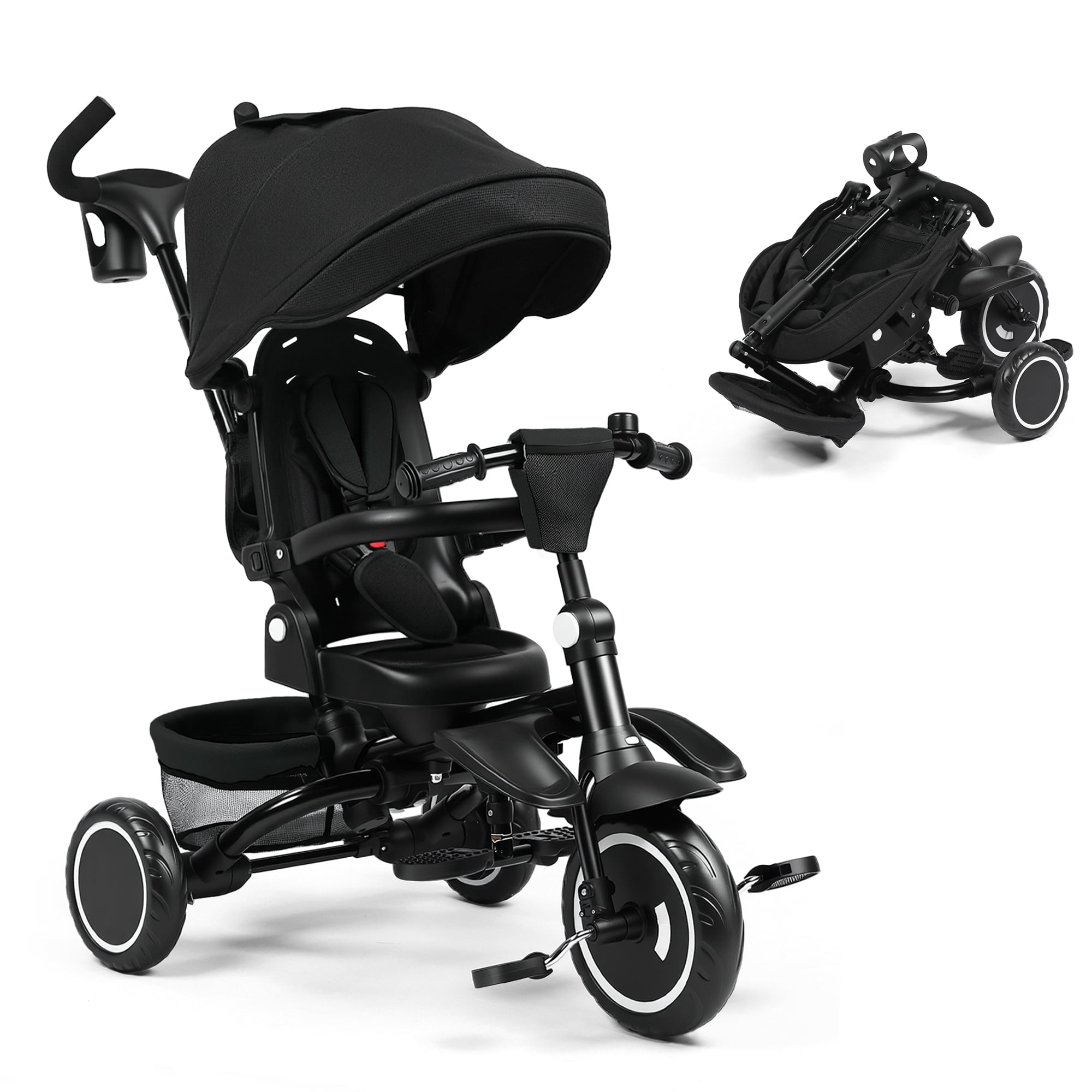 LINLUX Kids Trike Tricycle for Toddlers, 8 in 1 Folding Toddler Tricycle Bike w/Rotatable Seat, Black